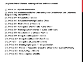 Chapter 6: Other Offenses and Irregularities by Public Officers
(1) Article 231 - Open Disobedience
(2) Article 232 - Disobedience to the Order of Superior Officer When Said Order Was
Suspended by Inferior Officer
(3) Article 233 - Refusal of Assistance
(4) Article 234 - Refusal to Discharge Elective Office
(5) Article 235 - Maltreatment of Prisoners
(6) Article 236 - Anticipation of Duties of a Public Officer
(7) Article 237 - Prolonging Performance of Duties and Powers
(8) Article 238 - Abandonment of Office or Position
(9) Article 239 - Usurpation of Legislative Powers
(10) Article 240 - Usurpation of Executive Functions
(11) Article 241 - Usurpation of Judicial Functions
(12) Article 242 - Disobeying Request for Disqualification
(13) Article 243 - Orders or Request by Executive Officer to Any Judicial Authority
(14) Article 244 - Unlawful Appointments
(15) Article 245 - Abuses against Chastity
 