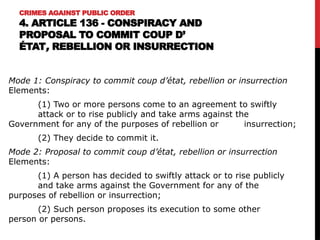 CRIMES AGAINST PUBLIC ORDER
4. ARTICLE 136 - CONSPIRACY AND
PROPOSAL TO COMMIT COUP D’
ÉTAT, REBELLION OR INSURRECTION
Mode 1: Conspiracy to commit coup d’état, rebellion or insurrection
Elements:
(1) Two or more persons come to an agreement to swiftly
attack or to rise publicly and take arms against the
Government for any of the purposes of rebellion or insurrection;
(2) They decide to commit it.
Mode 2: Proposal to commit coup d’état, rebellion or insurrection
Elements:
(1) A person has decided to swiftly attack or to rise publicly
and take arms against the Government for any of the
purposes of rebellion or insurrection;
(2) Such person proposes its execution to some other
person or persons.
 