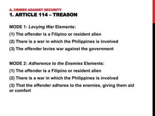A. CRIMES AGAINST SECURITY
1. ARTICLE 114 – TREASON
MODE 1: Levying War Elements:
(1) The offender is a Filipino or resident alien
(2) There is a war in which the Philippines is involved
(3) The offender levies war against the government
MODE 2: Adherence to the Enemies Elements:
(1) The offender is a Filipino or resident alien
(2) There is a war in which the Philippines is involved
(3) That the offender adheres to the enemies, giving them aid
or comfort
 