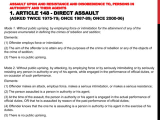 ASSAULT UPON AND RESISTANCE AND DISOBEDIENCE TO, PERSONS IN
AUTHORITY AND THEIR AGENTS
1. ARTICLE 148 - DIRECT ASSAULT
(ASKED TWICE 1975-79; ONCE 1987-89; ONCE 2000-06)
Mode 1. Without public uprising, by employing force or intimidation for the attainment of any of the
purposes enumerated in defining the crimes of rebellion and sedition;
Elements:
(1) Offender employs force or intimidation;
(2) The aim of the offender is to attain any of the purposes of the crime of rebellion or any of the objects of
the crime of sedition;
(3) There is no public uprising.
Mode 2. Without public uprising, by attacking, by employing force or by seriously intimidating or by seriously
resisting any person in authority or any of his agents, while engaged in the performance of official duties, or
on occasion of such performance.
Elements:
(1) Offender makes an attack, employs force, makes a serious intimidation, or makes a serious resistance;
(2) The person assaulted is a person in authority or his agent;
(3) At the time of the assault, the person in authority or his agent is engaged in the actual performance of
official duties, OR that he is assaulted by reason of the past performance of official duties;
(4) Offender knows that the one he is assaulting is a person in authority or his agent in the exercise of his
duties.
(5) There is no public uprising.
 