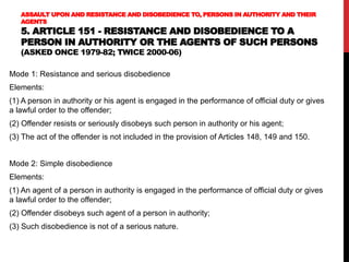 ASSAULT UPON AND RESISTANCE AND DISOBEDIENCE TO, PERSONS IN AUTHORITY AND THEIR
AGENTS
5. ARTICLE 151 - RESISTANCE AND DISOBEDIENCE TO A
PERSON IN AUTHORITY OR THE AGENTS OF SUCH PERSONS
(ASKED ONCE 1979-82; TWICE 2000-06)
Mode 1: Resistance and serious disobedience
Elements:
(1) A person in authority or his agent is engaged in the performance of official duty or gives
a lawful order to the offender;
(2) Offender resists or seriously disobeys such person in authority or his agent;
(3) The act of the offender is not included in the provision of Articles 148, 149 and 150.
Mode 2: Simple disobedience
Elements:
(1) An agent of a person in authority is engaged in the performance of official duty or gives
a lawful order to the offender;
(2) Offender disobeys such agent of a person in authority;
(3) Such disobedience is not of a serious nature.
 