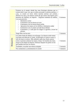 Psicomotricidad: 3 años
13
Estamos en el campo, donde hay unas hormigas glotonas que se
comen todo lo que ven, que se están acercando a nuestras piernas, y
¡zas¡, se comen un trozo; ahora nuestras piernas son cortitas,
abrimos los ojos y nos damos cuenta de que somos más bajitos (nos
ponemos de rodillas), no importa… Seguimos andando de rodillas,
y en esta posición:
- Intentamos correr
- Caminamos con los brazos en cruz
- Caminamos con los brazos hacia arriba
- Apoyamos las manos en los tobillos e intentamos andar
- Caminamos con el cuerpo curvado hacia delante
- Caminamos y a cada paso las nalgas se agachan y tocan las
piernas.
8 minutos
Juego libre con los aros 5 minutos
Relajación
Los niños harán de árboles en un bosque. Los brazos serán ramas
con hojas movidas por el viento. Al principio el viento es suave y
sólo las mueve un poco. Más adelante sopla muy fuerte, parece
como si quisiera arrancar las ramas y hojas. Se troncha una rama,
luego la otra (bajar los brazos). Destacar después las partes en las
que pueden moverse los brazos.
3 minutos
Tumbados, escuchar una música relajada. 2 minutos
Nos sentaremos y comentaremos la sesión 5 minutos
 