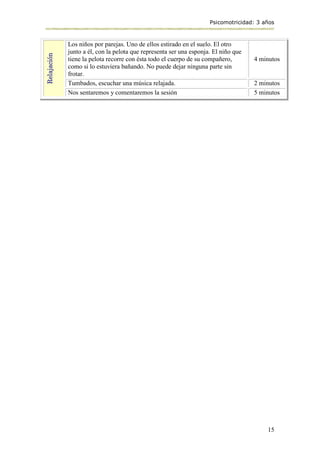 Psicomotricidad: 3 años
15
Relajación
Los niños por parejas. Uno de ellos estirado en el suelo. El otro
junto a él, con la pelota que representa ser una esponja. El niño que
tiene la pelota recorre con ésta todo el cuerpo de su compañero,
como si lo estuviera bañando. No puede dejar ninguna parte sin
frotar.
4 minutos
Tumbados, escuchar una música relajada. 2 minutos
Nos sentaremos y comentaremos la sesión 5 minutos
 