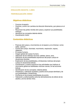 Psicomotricidad: 3 años
20
EDUCACIÓN INFANTIL 3 AÑOS
TEMPORALIZACIÓN: ENERO
Objetivos didácticos
- Conocer el espacio
- Caminar y correr con cambios de dirección libremente y por planos en el
suelo
- Reconocer las partes móviles del cuerpo y explorar sus posibilidades
motrices.
- Identificar los conceptos delante-detrás
- Coordinación motriz
Contenidos didácticos
- Posturas del cuerpo y movimientos en el espacio y en el tiempo: correr,
saltar, caminar…
- Control del cuerpo: Actividad, movimiento, respiración, reposo,
relajación.
- El cuerpo humano.
- Imagen global del cuerpo humano.
- Utilización de los distintos recursos: pelotas, banco, aros.
- Utilización de las posibilidades expresivas del propio cuerpo en
situaciones diversas.
- Exploración de las posibilidades y limitaciones motrices del propio
cuerpo en situaciones lúdicas.
- Coordinación y control corporal en las actividades que implican el
movimiento global de habilidades motrices nuevas, en las acciones
lúdicas.
- Identificación de los conceptos: delante-detrás
- Aceptación y valoración ajustada y positiva de la propia identidad y de
sus posibilidades y limitaciones.
- Confianza en las propias posibilidades de acción.
- Valoración y actitud positiva ante las demostraciones de afecto de los
adultos y de los demás niños.
 