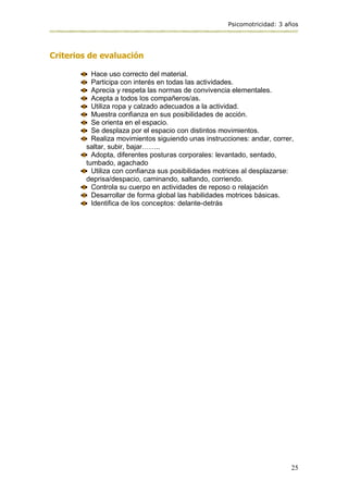 Psicomotricidad: 3 años
25
Criterios de evaluación
Hace uso correcto del material.
Participa con interés en todas las actividades.
Aprecia y respeta las normas de convivencia elementales.
Acepta a todos los compañeros/as.
Utiliza ropa y calzado adecuados a la actividad.
Muestra confianza en sus posibilidades de acción.
Se orienta en el espacio.
Se desplaza por el espacio con distintos movimientos.
Realiza movimientos siguiendo unas instrucciones: andar, correr,
saltar, subir, bajar……..
Adopta, diferentes posturas corporales: levantado, sentado,
tumbado, agachado
Utiliza con confianza sus posibilidades motrices al desplazarse:
deprisa/despacio, caminando, saltando, corriendo.
Controla su cuerpo en actividades de reposo o relajación
Desarrollar de forma global las habilidades motrices básicas.
Identifica de los conceptos: delante-detrás
 