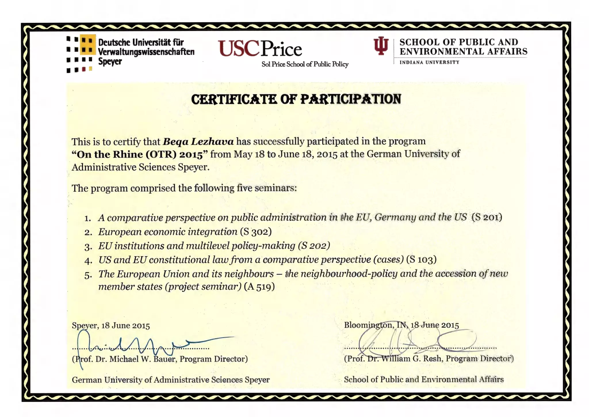 Certificate of Participation in Course Program - On the Rhine 2015 | PDF