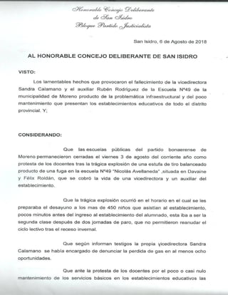 386-HCD-2018 Proy. de Resolución: Manifestando consternación por lo ocurrido en la Escuela Nº49 de Moreno