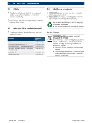 184 | RSCD 2100 | Technická údržba
CS |
1 690 386 085 2018-08-21
| Robert Bosch GmbH
9.4 Čištění
i
i Zrcadlovou jednotku, výstředník, rám a sloupek
čistěte pouze vlhkým hadříkem a neutrálními
čisticími prostředky.
i
i Nepoužívejte abrazivní čisticí prostředky ani hrubé
dílenské čisticí hadry!
9.5 Náhradní díly a spotřební materiál
i
i Zrcadlovou jednotku je možné vyměnit bez ztráty
přesnosti měření.
Označení Objednací
číslo
Noha 1 693 740 525
Kolo s pojistným kroužkem (4 x) 1 690 381 415
Zrcadlová jednotka s vodováhou (seřízená) 1 690 381 412
Seřizovací jednotka s laserem a akumuláto-
rem (seřízená)
1 690 381 407
pružiny (4 x) 1 690 381 414
bezpečnostní lano 1 690 382 427
9.6 Likvidace a sešrotování
1. RSCD 2100 odpojte od elektrické sítě a odstraňte
síťové připojovací vedení.
2. RSCD 2100 rozmontujte, roztřiďte podle materiálu
a zlikvidujte v souladu s platnými předpisy.
RSCD 2100, příslušenství a obal by měly být
likvidovány ekologicky.
¶
¶ RSCD 2100 nelikvidujte v domácím odpadu.
Jen pro EU-země:
RSCD 2100 podléhá evropské směrnici
2012/19/EHS (WEEE).
Staré elektrické a elektronické přístroje včetně
vedení a příslušenství a včetně akumulátorů
a baterií musí být likvidovány odděleně od
domovního odpadu.
¶
¶ K likvidaci využijte systémy vrácení a sběrné
systémy.
¶
¶ Při předpisové likvidaci RSCD 2100 zabráníte
poškozování životního prostředí a nebezpečí
ohrožení zdraví osob.
 