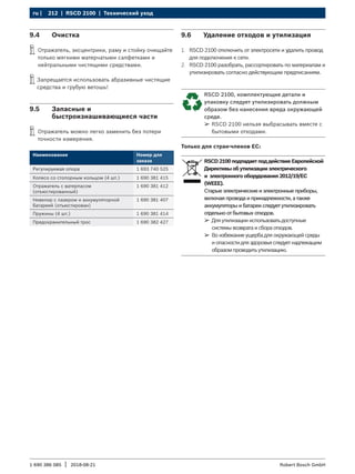 212 | RSCD 2100 | Технический уход
ru |
1 690 386 085 2018-08-21
| Robert Bosch GmbH
9.4 Очистка
i
i Отражатель, эксцентрики, раму и стойку очищайте
только мягкими матерчатыми салфетками и
нейтральными чистящими средствами.
i
i Запрещается использовать абразивные чистящие
средства и грубую ветошь!
9.5 Запасные и
быстроизнашивающиеся части
i
i Отражатель можно легко заменить без потери
точности измерения.
Наименование Номер для
заказа
Регулируемая опора 1 693 740 525
Колесо со стопорным кольцом (4 шт.) 1 690 381 415
Отражатель с ватерпасом
(отъюстированный)
1 690 381 412
Нивелир с лазером и аккумуляторной
батареей (отъюстирован)
1 690 381 407
Пружины (4 шт.) 1 690 381 414
Предохранительный трос 1 690 382 427
9.6 Удаление отходов и утилизация
1. RSCD 2100 отключить от электросети и удалить провод
для подключения к сети.
2. RSCD 2100 разобрать, рассортировать по материалам и
утилизировать согласно действующим предписаниям.
RSCD 2100, комплектующие детали и
упаковку следует утилизировать должным
образом без нанесения вреда окружающей
среде.
¶
¶ RSCD 2100 нельзя выбрасывать вместе с
бытовыми отходами.
Только для стран-членов ЕС:
RSCD 2100 подпадает под действие Европейской
Директивы об утилизации электрического
и электронного оборудования 2012/19/ЕС
(WEEE).
Старые электрические и электронные приборы,
включая провода и принадлежности, а также
аккумуляторы и батареи следует утилизировать
отдельно от бытовых отходов.
¶
¶ Для утилизации использовать доступные
системы возврата и сбора отходов.
¶
¶ Во избежание ущерба для окружающей среды
и опасности для здоровья следует надлежащим
образом проводить утилизацию.
 