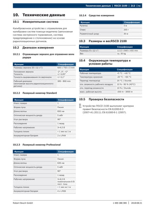 Технические данные | RSCD 2100 | 213 | ru
1 690 386 085 2018-08-21
|
Robert Bosch GmbH
10. Технические данные
10.1 Измерительная система
Калибровочное устройство с отражателем для
калибровки систем помощи водителю (автономная
система экстренного торможения, система
предупреждение о столкновении) на основе
радиолокационных датчиков.
10.2 Диапазон измерения
10.2.1 Отражающее зеркало для отражения волн
радара
Функция Спецификация
Размеры зеркала (В x Ш x Г): 600 x 750 x 3 mm
Положения зеркала
Точность
-2°, 0°, +2°
+/- 0,05°
Точность выравнивания по вертикали +/- 0,1°
Рабочий диапазон
(монтажная высота радиолокационного
датчика)
300 - 800 mm
10.2.2 Лазерный нивелир Standard
Функция Спецификация
Класс лазера 1
Форма луча Линия
Длина волны 650 нм
Оптическая мощность диода 5 мВт
Угол раствора 90°
Расхождение 1 мрад
Рабочее напряжение 3—4,5 В
Толщина линии < 1 мм на 1 м
Аккумуляторная батарея 2 x LR44
10.2.3 Лазерный нивелир Professional
Функция Спецификация
Класс лазера 1
Форма луча Линия
Длина волны 635 нм
Оптическая мощность диода 5 мВт
Угол раствора 90°
Расхождение 1 мрад
Рабочее напряжение 3—6,5 В
номинальное 6 В
пост. тока
Толщина линии < 1 мм на 1 м
Аккумуляторная батарея 4 x LR06
10.3 Размеры и весRSCD 2100
Функция Спецификация
Размеры В x Ш x Г: 1112 x 840 x 455 mm
Вес ca. 35 kg
10.4 Окружающая температура и
условия работы
Функция Спецификация
Рабочая температура +5 °C - +40 °C
Температура хранения -20 °C - +60 °C
Перепад температур 20 °C / Stunde
отн. влажность рабочего воздуха 10 % - 90 % (40°C)
отн. перепад влажности 10 % / Stunde
макс. рабочая высота -200 m - 3000 m
10.5 Проверка безопасности
i
i Устройство RSCD 2100 выполняет критерии
правил безопасности EN 61000-6-3
(2007+A1:2011); EN 61000-6-1 (2007).
10.2.4 Средство измерения
Функция Спецификация
Рулетка 3 м
Отвес 200 г
Разметочный шнур 30 м
 