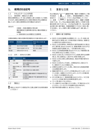 使用される記号 | RSCD 2100 | 215 | ja
1 690 386 085 2018-08-21
|
Robert Bosch GmbH
¶
¶ RSCD 2100は自動車にある間隔センサー (レーダー技術) 調
整のためだけに使用します。その他の用途での使用は、装置の正
しい使用方法とは認められません。
¶
¶ RSCD 2100の使用は、研修を受けた専門技術者だけに限られ
ます。製作者 (Bosch GmbH) は、装置の間違ったまたは不正
の使用に起因する損害に対し、一切の責任を負いません。
¶
¶ RSCD 2100取扱説明書と安全ガイドラインは、作業現場で速
やかに参照できるように保管してください。
¶
¶ RSCD 2100に対しての安全ガイドラインと危険に関する注意事
項には、常に注意を払い、読みやすい状態で保管します。
¶
¶ RSCD 2100と点検に必要な部品は、独自の作業区域内だけ
で操作します。
¶
¶ RSCD 2100をオンにする前に、点検部品が正しく組み立てら
れ、接続されていることを確認します。
¶
¶ 定期的な点検やメンテナンスに関し、既定のまたは取扱説明書
にある期限を遵守します。
¶
¶ 機械の操作中には、メンテナンス作業は禁止されています。メンテ
ナンスの前に、装置をスイッチオフにします。メンテナンス作業の前
に、RSCD 2100電源から外します。
¶
¶ 全ての作業において、取扱説明書にあるスイッチオン / オフ工程
とメンテナンス作業に関する注時事項を遵守します。
¶
¶ ミラーに寄っ掛かってはいけません。
¶
¶ ミラーを動かすには必ず偏心タペットを使い、手で動かさないように
してください。ミラーのスプリングが故障する恐れがあります。
¶
¶ 高さや傾く角度の調整には、後ろからしてください。
2. 重要な注意
Bosch製品の 機械の作動、電源への接続そして操
作を始め る前に、本取扱説明書そして特に
安全ガイ ドラインを必ず熟知してくださ
い。従業 員の安全のためと、機械への損害
を防ぐため、そしてBosch製品を確実に操作して作業での危
険を未然に防ぐためには、これが必ず必要です。Boschの製
品を第三者に渡す場合、取扱説明書だけではなく安全に関
する注意と、正しい操作に関する情報も必ず一緒に渡して
ください。
2.1 規則に従う使用法
1. 使用される記号
1.1 ドキュメンテーションの内容
1.1.1 警告事項 – 構成ならびに意味
警告注意事項はユーザー或いは周囲の人員への危険について警告
を与えます。警告注意事項はさらに危険の帰結及び防止措置を記
載しています。警告注意事項は次ぎの構成から成ります:
警告記号
注意語 – 危険の種類及び発生源!
規定措置及び注意事項に従わない場合の危険によ
る帰結
¶
¶ 危険回避のための措置及び注意事項
注意語は無視した場合の危険の発生確率ならびに重大度を示します：
注意用語 発生確率 無視の場合の危険の重
大度
危険 至近の切迫する危険 死亡 または 重傷
警告 切迫する危険が ありうる 死亡または 重傷
要注意 危険な状況が ありうる 軽傷
1.1.2 記号 - 名称ならびに意味
記号 名称 意味
! 注意 物損の可能性を警告します。
i
Info 情報 使用注意事項ならびにその他の
役立つ情報。
1.
2.
複数の手順による
取扱い
複数の手順からなる取扱い要件
e
1回の手順ですむ
取扱い
1回の手順からなる 取扱い要件。

中間
結果
ある取扱い課題の範囲内で中間結果が見えるよ
うになります。
"
最終結果 ある取扱い課題の終了時に最終結果が見えるよ
うになります。
1.2 製品上
!
! 製品上にあるすべての警告記号に注意し読解できる状態を維持
してください！
 
