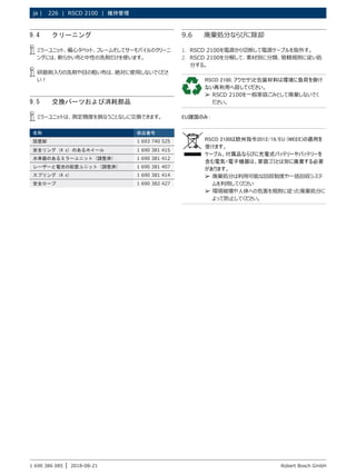 226 | RSCD 2100 | 維持管理
ja |
1 690 386 085 2018-08-21
| Robert Bosch GmbH
9.4 クリーニング
i
i ミラーユニット、偏心タペット、フレームそしてサーモパイルのクリーニ
ングには、軟らかい布と中性の洗剤だけを使います。
i
i 研磨剤入りの洗剤や目の粗い布は、絶対に使用しないでくださ
い！
9.5 交換パーツおよび消耗部品
i
i ミラーユニットは、測定精度を損なうことなしに交換できます。
名称 部品番号
設置脚 1 693 740 525
安全リング (4 x) のあるホイール 1 690 381 415
水準器のあるミラーユニット (調整済) 1 690 381 412
レーザーと電池の配置ユニット (調整済) 1 690 381 407
スプリング (4 x) 1 690 381 414
安全ロープ 1 690 382 427
9.6 廃棄処分ならびに除却
1. RSCD 2100を電源から切断して電源ケーブルを取外す。
2. RSCD 2100を分解して、素材別に分類、管轄規則に従い処
分する。
RSCD 2100, アクセサリと包装材料は環境に負荷を掛け
ない再利用へ回してください。
¶
¶ RSCD 2100を一般家庭ごみとして廃棄しないでく
ださい。
EU諸国のみ：
RSCD 2100は欧州指令2012/19/EU (WEEE)の適用を
受けます。
ケーブル、付属品ならびに充電式バッテリーやバッテリーを
含む電気・電子機器は、家庭ゴミとは別に廃棄する必要
があります。
¶
¶ 廃棄処分は利用可能な回収制度や一括回収システ
ムを利用してください
¶
¶ 環境破壊や人体への危害を規則に従った廃棄処分に
よって防止してください。
 