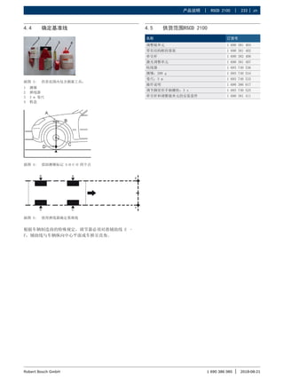 产品说明 | RSCD 2100 | 233 | zh
1 690 386 085 2018-08-21
|
Robert Bosch GmbH
4.4 确定基准线
插图 3: 供货范围内包含测量工具：
1 测锤
2 弹线器
3 3 m 卷尺
4 粉盒
插图 4: 借助测锤标记 A-B-C-D 四个点
插图 5: 使用弹线器确定基准线
根据车辆制造商的特殊规定，调节器必须对准辅助线 E –
F，辅助线与车辆纵向中心平面或车桥呈直角。
4.5 供货范围RSCD 2100
名称 订货号
调整镜单元 1 690 381 404
带有结构框的基架 1 690 381 402
牵引杆 1 690 382 408
激光调整单元 1 690 381 407
收线器 1 693 740 536
测锤：200 g 1 693 740 534
卷尺：3 m 1 693 740 533
操作说明 1 690 386 017
调节脚星形手柄螺栓：3 x 1 693 740 525
牵引杆和调整镜单元的安装套件 1 690 381 411
 