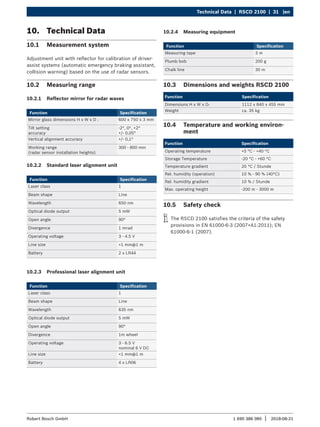Technical Data | RSCD 2100 | 31 |en
1 690 386 085 2018-08-21
|
Robert Bosch GmbH
10. Technical Data
10.1 Measurement system
Adjustment unit with reflector for calibration of driver-
assist systems (automatic emergency braking assistant,
collision warning) based on the use of radar sensors.
10.2 Measuring range
10.2.1 Reflector mirror for radar waves
Function Specification
Mirror glass dimensions H x W x D : 600 x 750 x 3 mm
Tilt setting
accuracy
-2°, 0°, +2°
+/- 0,05°
Vertical alignment accuracy +/- 0,1°
Working range
(radar sensor installation heights)
300 - 800 mm
10.2.2 Standard laser alignment unit
Function Specification
Laser class 1
Beam shape Line
Wavelength 650 nm
Optical diode output 5 mW
Open angle 90°
Divergence 1 mrad
Operating voltage 3 - 4.5 V
Line size <1 mm@1 m
Battery 2 x LR44
10.2.3 Professional laser alignment unit
Function Specification
Laser class 1
Beam shape Line
Wavelength 635 nm
Optical diode output 5 mW
Open angle 90°
Divergence 1m wheel
Operating voltage 3 - 6.5 V
nominal 6 V DC
Line size <1 mm@1 m
Battery 4 x LR06
10.3 Dimensions and weights RSCD 2100
Function Specification
Dimensions H x W x D: 1112 x 840 x 455 mm
Weight ca. 35 kg
10.4 Temperature and working environ-
ment
Function Specification
Operating temperature +5 °C - +40 °C
Storage Temperature -20 °C - +60 °C
Temperature gradient 20 °C / Stunde
Rel. humidity (operation) 10 % - 90 % (40°C)
Rel. humidity gradient 10 % / Stunde
Max. operating height -200 m - 3000 m
10.5 Safety check
i
i The RSCD 2100 satisfies the criteria of the safety
provisions in EN 61000-6-3 (2007+A1:2011); EN
61000-6-1 (2007).
10.2.4 Measuring equipment
Function Specification
Measuring tape 3 m
Plumb bob 200 g
Chalk line 30 m
 