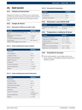 Dati tecnici | RSCD 2100 | 73 | it
1 690 386 085 2018-08-21
|
Robert Bosch GmbH
10. Dati tecnici
10.1 sistema di misurazione
Regolatore di assetto con riflettore per la calibrazione
di sistemi per guida assistita (assistenza alla frenata di
emergenza, avviso di collisione) sulla base di sensori
radar.
10.2 Campo di misura
10.2.1 Specchietto riflettore per alberi radar
Funzione Specifica
Dimensioni vetro specchio (largh. x alt. x
prof.)
600 x 750 x 3 mm
Impostazioni di inclinazione
Precisione
-2°, 0°, +2°
+/- 0,05°
Precisione di allineamento verticale: +/- 0,1°
Area di lavoro
(altezze di montaggio sensore radar)
300 - 800 mm
10.2.2 Unità di allineamento laser standard
Funzione Specifica
Classe laser 1
Forma del getto Linea
Lunghezza d’onda 650 nm
Potenza ottica del diodo 5 m W
Angolo di apertura 90°
Divergenza 1mrad
Tensione di esercizio 3 - 4,5 V
Spessore della linea <1mm@1m
Batteria 2 x LR44
10.2.3 Unità di allineamento laser Professional
Funzione Specifica
Classe laser 1
Forma del getto Linea
Lunghezza d’onda 635 nm
Potenza ottica del diodo 5 m W
Angolo di apertura 90°
Divergenza 1mrad
Tensione di esercizio 3 - 6,5 V
nominale 6V DC
Spessore della linea <1mm@1m
Batteria 4 x LR06
10.3 Dimensioni e pesi RSCD 2100
Funzione Specifica
Dimensioni alt. x largh. x prof.: 1112 x 840 x 455 mm
Peso ca. 35 kg
10.4 Temperature e ambiente di lavoro
Funzione Specifica
Temperatura di esercizio +5 °C - +40 °C
Temperatura di magazzinaggio -20 °C - +60 °C
Gradiente termico 20 °C / Stunde
Umidità dell'aria rel. di funziona-
mento
10 % - 90 % (40°C)
Gradiente rel. umidità dell’aria 10 % / Stunde
Altezza max. di funzionamento -200 m - 3000 m
10.5 Controllo di sicurezza
i
i RSCD 2100 soddisfa i criteri delle norme di sicu-
rezza conformi a EN 61000-6-3 (2007+A1:2011); EN
61000-6-1 (2007).
10.2.4 Strumento di misurazione
Funzione Specifica
Flessometro 3 m
Filo a piombo 200 g
Corda per tracciamenti 30 m
 
