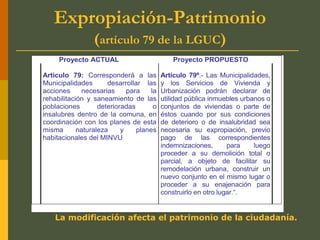 Expropiación-Patrimonio
(artículo 79 de la LGUC)
Proyecto ACTUAL Proyecto PROPUESTO
Articulo 79: Corresponderá a las
Municipalidades desarrollar las
acciones necesarias para la
rehabilitación y saneamiento de las
poblaciones deterioradas o
insalubres dentro de la comuna, en
coordinación con los planes de esta
misma naturaleza y planes
habitacionales del MINVU
Artículo 79º.- Las Municipalidades,
y los Servicios de Vivienda y
Urbanización podrán declarar de
utilidad pública inmuebles urbanos o
conjuntos de viviendas o parte de
éstos cuando por sus condiciones
de deterioro o de insalubridad sea
necesaria su expropiación, previo
pago de las correspondientes
indemnizaciones, para luego
proceder a su demolición total o
parcial, a objeto de facilitar su
remodelación urbana, construir un
nuevo conjunto en el mismo lugar o
proceder a su enajenación para
construirlo en otro lugar.“.
La modificación afecta el patrimonio de la ciudadanía.
 