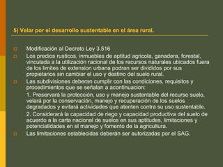 5) Velar por el desarrollo sustentable en el área rural.
 Modificación al Decreto Ley 3.516
 Los predios rusticos, inmuebles de aptitud agricola, ganadera, forestal,
vinculada a la utilización racional de los recursos naturales ubicados fuera
de los limites de extension urbana podran ser divididos por sus
propietarios sin cambiar el uso y destino del suelo rural.
 Las subdivisiones deberan cumplir con las condiciones, requisitos y
procedimientos que se señalan a acontinuacion:
1. Preservará la protección, uso y manejo sustentable del recurso suelo,
velará por la conservación, manejo y recuperación de los suelos
degradados y evitará actividades que atenten contra su uso sustentable.
2. Considerará la capacidad de riego y capacidad productiva del suelo de
acuerdo a la carta nacional de suelos en sus aptitudes, limitaciones y
potencialidades en el manejo y fomento de la agricultura.
 Las limitaciones establecidas deberán ser autorizadas por el SAG.
 