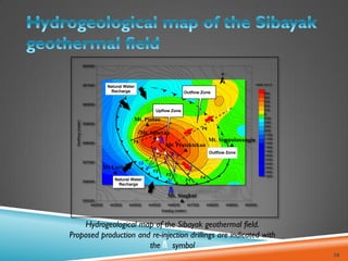 38
Mt. Pratektekan
Mt. Sibayak
Mt. Pintau
Mt. Singkut
Mt. Simpulanangin
Mt Uncim
10
5
3
4
8 6 7
9
2
-3000
-2800
-2600
-2400
-2200
-2000
-1800
-1600
-1400
-1200
-1000
-800
-600
-400
-200
0
100
200
300
400
600
meter (a.s.l)
442000 443000 444000 445000 446000 447000 448000 449000 450000
Easting (meter)
355000
356000
357000
358000
359000
360000
361000
362000
Northing
(meter)
F1
F2
F3
F4
F5
F6
Upflow Zone
Outflow Zone
Outflow Zone
Natural Water
Recharge
Natural Water
Recharge
Hydrogeological map of the Sibayak geothermal field.
Proposed production and re-injection drillings are indicated with
the symbol
 
