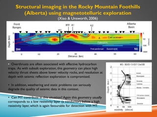 • Overthrusts are often associated with effective hydrocarbon
traps. As with subsalt exploration, this geometry can place high
velocity thrust sheets above lower velocity rocks, and resolution at
depth with seismic reflection exploration is compromised.
• In addition, weathering and static problems can seriously
degrade the quality of seismic data in this context.
• Can MT contribute in this situation? Again this geometry usually
corresponds to a low resistivity layer (a conductor) below a high
resistivity layer, which is again favourable for detection with MT.
Structural imaging in the Rocky Mountain Foothills
(Alberta) using magnetotelluric exploration
(Xiao & Unsworth, 2006)
 