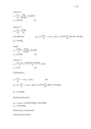 1- 10
1
1
1
1
23
0,2671
.
...................
9
86,08
0,26719 (1
....
1:
)
..
s
t
m g
x
m g
x
Muestra
= = =
=
2
2
2 2
2
2 2 2
2
2
2
2
2
.
. .......................
..............
35,6
: 1,14773 83,2 95,49
95,49
:
35,6 35,6
0,37281
95,49
0,37281 (
...........
:
2
2
)
s
t t
t
t t t
t
t
t
m g
x
m m
m g
Por definición m xV x mL g
V mL
M
m g
Luego
g g
x
m g
x
uestra
ρ ρ ρ
= =
= = 
→ = = =
=
= = =
=
1 2
3
3
( ) (0,26719 0,37281)
0,3
.
.........
3
...................
2
2 2
0,32 ( )
:
.. 3
.
Muestra
x x
x
x
+ +
= = =
=
3
3
3 3 3 3
3
3
3 3 3
3
3
3 3 3
3
:
( ) ( )
( ) 1,14773 80 91,8184
91,8184
( ):
( ) 0,32(91,8184 ) 29,
.
.......................
38189
29
.
,38189
.
. .
s
s
s t
t
t
t t t
t
t
s t
s
Calculando m
m
x m x m
m
m g
m V x mL g
V mL
m g
Reemplazando en
m x m g g
m g
α
ρ ρ ρ
α
= 
→ =
= = 
→ = = =
=
= = =
=
Cálculo de la concentración:
Concentración de masa:
 