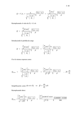 3- 40
( ) ( ) ( )
2
2
1 2 1 2
2
2 2 4 4
1 1
2 2
4
1 1
c c
D
p p p p
A
Q V A
C do C do
D D
π
ρ ρ
− −
= = =
   
− −
   
   
Reemplazando el valor de D2= Cc do
( ) ( )
2
1 2
4
1
2
4
1 c
Ccdo p p
Q
C do
D
π
ρ
−
=
 
− 
 
Introduciendo la pérdida de carga
( ) ( ) ( ) ( )
2
2
1 2 1 2
4 4
1 1
2 2
4
4
1 1
c
do Co
Ccdo p p p p
Q
C do do
D D
π
π
ρ ρ
 
 
− −
 
= =
   
− −
   
   
O es lo mismo expresar como:
( ) ( ) ( ) ( )
2 2
1 2 1 2
4 4
1
1
2 2
4 4
,
1
1
orificio
do Co do Co
p p p p do
Q
D
do
D
π π
β
ρ ρ
β
   
   
− −
   
= = =
−
 
− 
 
Simplificación: como 1
1
0
do
do D
D
β
<<< ⇒ = ≅
Reemplazando datos:
( )
( )
( )
2 2
1 2
4
(0,0015) 0,61
2 2(400000 101000
4 4
988
1 0
1
orificio
do Co x
p p
Q
π π
ρ
β
   
 
  − −
   
= =
−
−
 