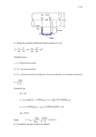 3- 45
a) Planteo de ecuación de Bernoulli entre los puntos (1) y (2)
1
z
2
1 1
2
2
p V
z
g g
ρ
+ + =
2
2 2
2
p V
g g
ρ
+ + L
h
+
( )
0
1 2
2
2
. .
:
( )
0
Simplificaciones
z z Posición horizontal
V posicion estatica
=
=
( )
1
0 , min max
2
L
h posicion central la perdida por friccion es ima y la velocidad es ima
p
V
ρ
=
∆
=
Calculo de p
∆
( )
1
'
aire
po po
p r x g
ρ
=
+ + [ ]
2 2
0,040 H O
x g p r x
ρ
+ = + +
( )
[ ]
2
2 1
0,040
0,040 0,040 9,8 998 1,2
391
aire
H O aire
g
p p xg x x
p Pa
ρ
ρ ρ
+
 
− = − = −
 
∆ =
Luego 1 max
2 2 391
25,5 /
1,2
aire
p x
V V m s
ρ
∆
= = = =
b) El caudal de aire que circula por la tubería:
 