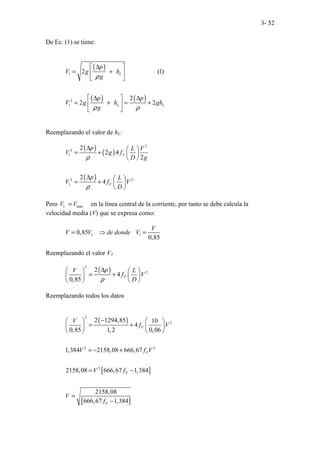 3- 52
De Ec. (1) se tiene:
( )
( ) ( )
1
2
1
2 (1)
2
2 2
L
L L
p
V g h
g
p p
V g h gh
g
ρ
ρ ρ
∆
 
= +
 
 
∆ ∆
 
= + = +
 
 
Reemplazando el valor de hL:
( )
( )
( )
2
2
1
2 2
1
2
2 4
2
2
4
F
F
p L V
V g f
D g
p L
V f V
D
ρ
ρ
∆  
= +  
 
∆  
= +  
 
Pero 1 max
V V
= en la línea central de la corriente, por tanto se debe calcula la
velocidad media (V) que se expresa como:
1 1
0,85
0,85
V
V V de donde V
= ⇒ =
Reemplazando el valor V1
( )
2
2
2
4
0,85
F
p
V L
f V
D
ρ
∆
   
= +  
 
 
 
Reemplazando todos los datos
( )
[ ]
[ ]
2
2
2 2
2
2 1294,85 10
4
0,85 1,2 0,06
1,384 2158,08 666,67
2158,08 666,67 1,384
2158,08
666,67 1,384
F
F
F
F
V
f V
V f V
V f
V
f
−
   
= +
   
   
= − +
= −
=
−
 