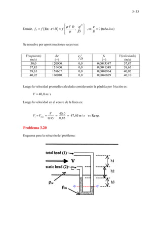 3- 53
Donde, ( )
Re, / ,
F
V D
f f D f
D
ρ ε
ε
µ
= =
0
, 0 ( )
tubo liso
D
ε
 
⇒ =
 
 
 
Se resuelve por aproximaciones sucesivas:
V(supuesto)
(m/s)
Re
(--) D
ε fF
(--)
V(calculado)
(m/s)
30,0 120000 0,0 0,0043347 37,87
37,85 151400 0,0 0,0041348 39,65
39,65 158607 0,0 0,0040964 40,02
40,02 160080 0,0 0,0040889 40,10
Luego la velocidad promedio calculada considerando la pérdida por fricción es:
40,0 /
V m s
=
Luego la velocidad en el centro de la línea es:
1 max
40,0
47,05 / Re .
0,85 0,85
V
V V m s sp
= = = = ⇐
Problema 3.20
Esquema para la solución del problema:
 
