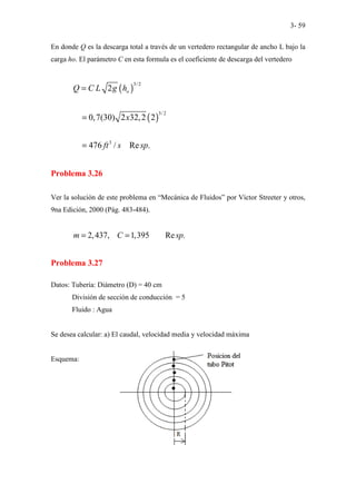 3- 59
En donde Q es la descarga total a través de un vertedero rectangular de ancho L bajo la
carga ho. El parámetro C en esta formula es el coeficiente de descarga del vertedero
( )
( )
3/ 2
3/2
3
2
0,7(30) 2 32,2 2
476 / Re .
o
Q C L g h
x
ft s sp
=
=
=
Problema 3.26
Ver la solución de este problema en “Mecánica de Fluidos” por Víctor Streeter y otros,
9na Edición, 2000 (Pág. 483-484).
2,437, 1,395 Re .
m C sp
= =
Problema 3.27
Datos: Tubería: Diámetro (D) = 40 cm
División de sección de conducción = 5
Fluido : Agua
Se desea calcular: a) El caudal, velocidad media y velocidad máxima
Esquema:
 