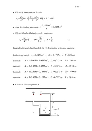 3- 60
• Calculo de área transversal del tubo
( ) ( )
2 2 2
3.1416
0,40 0,1256
4 4
T
A D m
π  
= = =
 
 
• Área del circulo y las coronas =
2
2
0,1256
0,0251
5
m
m
= =
• Calculo del radio del círculo central y las coronas:
( )
2 4
, ,
4 2
T
A D
A D D R
π
π
= = = (1)
Luego el radio se calcula utilizando la Ec. (1), de acuerdo a la siguiente secuencia:
Radio círculo central:
2
0,0251 , 0,1787 , 8,95
o o
A m D m R cm
= = =
Corona 1:
2
1 2 0,0251 0,0502 , 0,2528 , 12,64
A x m D m R cm
= = = =
Corona 2:
2
2 3 0,0251 0,0753 , 0,3096 , 15,50
A x m D m R cm
= = = =
Corona 3:
2
3 4 0,0251 0,1004 , 0,3575 , 17,90
A x m D m R cm
= = = =
Corona 4:
2
4 5 0,0251 0,1255 , 0,3997 , 20,0
A x m D m R cm
= = = ≅
• Calculo de velocidad puntual, V
 