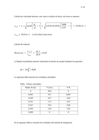 3- 63
Calculo de velocidad máxima: este valor se calculo al inicio, tal como se muestra:
max 1
max
1000
2 1 2 9,81 0,034 1 19,96 /
1,67
20,0 / ( max )
m
v v g h x x x m s
v m s velocidad ima
ρ
ρ
   
= = ∆ − = − =
   
 
 
≅
Calculo de relación
max
16,7
Re 0,83
20,0
v
lacion
v
< >
= = =
c) Repetir el problema anterior realizando el cálculo de caudal mediante la expresión:
0
2
R
Q v RdR
π
= ∫
La siguiente tabla muestra los resultados calculados
Tabla. Valores calculados
Radio, R (m) V (m/s) V R
0 20,0 0
0,045 19,7 0,887
0,108 18,7 2,02
0,141 17,5 2,47
0,167 15,6 2,60
0,189 12,0 2,26
0,200 0 0
En la siguiente tabla se muestra los resultados del método de integración
 