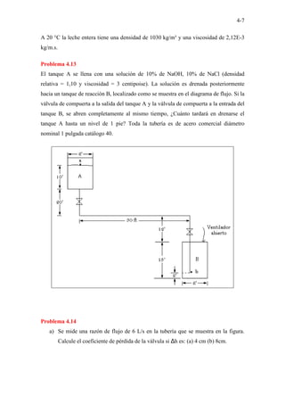 4-7
A 20 °C la leche entera tiene una densidad de 1030 kg/m³ y una viscosidad de 2,12E-3
kg/m.s.
Problema 4.13
El tanque A se llena con una solución de 10% de NaOH, 10% de NaCl (densidad
relativa = 1,10 y viscosidad = 3 centipoise). La solución es drenada posteriormente
hacia un tanque de reacción B, localizado como se muestra en el diagrama de flujo. Si la
válvula de compuerta a la salida del tanque A y la válvula de compuerta a la entrada del
tanque B, se abren completamente al mismo tiempo, ¿Cuánto tardará en drenarse el
tanque A hasta un nivel de 1 pie? Toda la tubería es de acero comercial diámetro
nominal 1 pulgada catálogo 40.
Problema 4.14
a) Se mide una razón de flujo de 6 L/s en la tubería que se muestra en la figura.
Calcule el coeficiente de pérdida de la válvula si ∆h es: (a) 4 cm (b) 8cm.
 