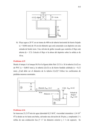 4-8
b) Fluye agua a 20 ºC en un tramo de 400 m de tubería horizontal de hierro forjado
(ε = 0,046 mm) de 10 cm de diámetro que está conectado a un depósito con una
entrada de borde recto. Una válvula de globo roscado que controla el flujo está
abierta (k = 5,7). Calcule el flujo si la altura del depósito sobre la salida es de
10 m.
Problema 4.15
Desde el tanque A al tanque B (Ver la figura) debe fluir 212 L/s. Si la tubería (1)-(2) es
de PVC (ε = 0,0015 mm) y la tubería (2)-(3) es de hierro fundido asfaltado (ε = 0,12
mm), ¿Cuál debe ser el diámetro de la tubería (1)-(2)? Utilice los coeficientes de
pérdidas menores mostrados.
Problema 4.16
Se transvasa 21,2 ft3
/min de agua (densidad 62,3 lb/ft3
, viscosidad cinemática 1,14·10-5
ft2
/s) desde un río hasta una balsa, salvando una elevación de 20 pies, y empleando 2 ¼
millas de una conducción lisa (7 ½” de diámetro exterior y 1 ¼ de espesor). Se
 