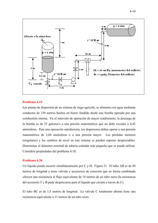 4-10
Problema 4.19
Las puntas de dispersión de un sistema de riego agrícola, se alimenta con agua mediante
conductos de 150 metros hechos en hierro fundido desde una bomba operada por una
combustión interna. En el intervalo de operación de mayor rendimiento, la descarga de
la bomba es de 25 galones/s a una presión manométrica que no debe exceder a 4,42
atmósferas. Para una operación satisfactoria, los dispersores deben operar a una presión
manométrica de 2,04 atmósferas o a una presión mayor. Las pérdidas menores
(singulares) y los cambios de nivel en este sistema se pueden suponer despreciables.
Determinar el diámetro nominal de tubería estándar más pequeño que se puede utilizar.
Considere propiedades del problema 4.10.
Problema 4.20
Un líquido puede escurrir simultáneamente por C y D, Figura 21. El tubo AB es de 44
metros de longitud y tiene válvula y accesorios de conexión que en forma combinada
ofrecen una resistencia al flujo equivalente de 14 metros de un tubo recto (la resistencia
del accesorio T y B pude despreciarse para el líquido que circula a través de C).
El tubo BC es de 1,5 metros de longitud. La válvula C totalmente abierta tiene una
resistencia equivalente a 11 metros de un tubo recto.
 