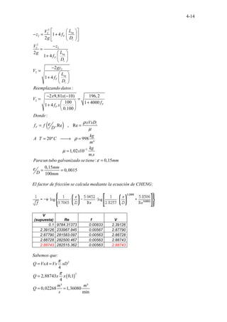 4-14
2
2
2
2
2 2
2
2
1 4
2
2
1 4
2
1 4
eq
F
i
eq
F
i
eq
F
i
L
V
z f
g D
V z
L
g
f
D
gz
V
L
f
D
 
 
− = +
 
 
 
 
−
=
 
+  
 
−
=
 
+  
 
( )
2
3
.
... .
:
2 9,81 ( 10) 196,2
100 1 4000
1 4
0.100
:
,Re , Re
20º
..
... . 998
³
1,02 10
.. ...
..........................
. . . . .
.
F
F
i
F
Reemplazando datos
x x
V
f
f x
Donde
xVxD
f f
D
kg
A T C
m
kg
x
m s
Para un tubo galvanizado set
ρ
ε
µ
ρ
µ −
− −
= =
+
 
+  
 
= =
= 
→ =
=
: 0,15
0,15
0,0015
100
iene mm
mm
D mm
ε
ε
=
= =
El factor de fricción se calcula mediante la ecuación de CHENG:
V
(supuesta) Re f V
0.1 9784.31373 0.00833 2.39126
2.39126 233967.945 0.00567 2.87790
2.87790 281583.097 0.00563 2.88728
2.88728 282500.467 0.00563 2.88743
2.88743 282515.362 0.00563 2.88743
Sabemos que:
( )
2
2
4
2,88743 0,1
4
³ ³
0,02268 1,36080
min
Q VxA Vx xD
Q x x
m m
Q
s
π
π
= =
=
= =
 
