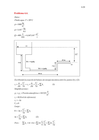 4-20
Problema 4.4.
3
3
3
3
:
: 20º
1000
1 10
.
400 6,667 10
min
.
Datos
Fluido agua T C
kg
m
kg
x
m s
L m
Q x
s
ρ
µ −
−
=
=
=
= =
2 2
1 1 2 2
1 2
1 2 2
1
(
. . . . . . . . . . . 1) (2):
(1)
2 2
:
101325
. .
...........
0(
.......
.
. .
L
Escribiendo la ecuación debalance de energía mecánica entrelos puntos y
p V p V
z z h
g g g g
Simplificaciones
N
p p Presión atmosférica
m
z Nivel de
ρ ρ
+ + = + + +
= = =
=
∑
2
1
2
2
2
2
2 2
..................
)
0
:
0
2
(2)
2
: 4
... .
2
.
2
.
L
L
i i i
L i i
i
referencia
z z
V
Luego
V
z h
g
V
z h
g
L V V
Pero h hr hs f K
d g g
= −∆
≅
= −∆ + +
∆ = +
= + = +
∑
∑
∑ ∑ ∑
 