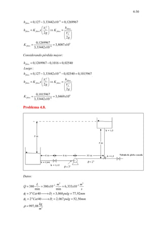4-30
6
2
3
2
3
4
6
0,127 3,33442 10 0,1269967
2
2
0,1269967
3,8087 10
3,33442 10
filtro
filtro
filtro filtro filtro
filtro
h x
h
V
h K x K
g V
g
K x
x
−
−
= − =
 
= ⇒ =
 
 
 
 
 
= =
Considerando pérdida mayor:
6
2
3
2
3
4
6
0,1269967 0,1016 0,02540
:
0,127 3,33442 10 0,02540 0,1015967
2
2
0,1015967
3,0469 10
3,33442 10
filtro
filtro
filtro
filtro filtro filtro
filtro
h
Luego
h x
h
V
h K x K
g V
g
K x
x
−
−
= − =
= − − =
 
= ⇒ =
 
 
 
 
 
= =
Problema 4.8.
Datos:
3 3
3 3
1
2
3
380 380 10 6,333 10
min min
3" 40 3,068 77,92
2" 40 2,067 52,50
997,08
i
i
L m m
Q x x
s
Cat D pulg mm
Cat D pulg mm
kg
m
φ
φ
ρ
− −
= = =
= 
→ = =
= 
→ = =
=
 
