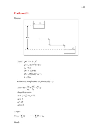 4-40
Problema 4.11.
Sistema:
3
3
3 3
.. .
.............. .
..............
.............. ..
..............
.........
: 77,4 /
1,18 10 / .
6
? 40
1,6596 10 /
20
.....
Datos lb ft
x lb ft s
z m
D SCH
Q x m s
L m
ρ
µ −
−
=
=
∆ =
=
=
=
Balance de energía entre los puntos (1) y (2):
2
2 1
2
:
V
p
Hs z hf
g g
Simplificaciones
z z z
ρ
∆
∆
∆ = ∆ + + +
∆ = −
∑
2 6
0
0
0
z
p
V
Hs
= = −
∆ ≅
∆ ≅
∆ ≅
2 2
........
:
0 .
Luego
z hf hf z
= + 
→ = −
∑ ∑
Donde:
 