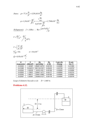 4-42
3 3
3
...
.....
: 77,4 1239,83
........
19
1,18 10
.
..
lb kg
Datos
ft m
lb
x
ft s
ρ
µ −
= =
=
1
.
0,67197
.
kg
m s
x
lb
ft s
( )
3
2
2
... ... ...
1,7560 10
.
( ) : (Re) ; Re
( )
4
4
kg
x
m s
xVxD
D Supuesto f f
Q Q
V
A
D
Q
V
D
ρ
µ
π
π
−
=
= =
= =
 
=  
 
5
3
3
................. 4.6 10
0 1
..
,95 0
Ro x
D
m
Q x
s
ε ε −
−
= =
=
D
(supuesto)
V
(4Q/(πD²)
Re
(ρxVxD/µ)
Ro
(Є/D)
f calc (Ec.
Cheng)
D calc
Ver (*)
0.03000 1.34397 28467.5275 0.00153 0.00686 0.01066
0.01066 10.64513 80118.0181 0.00432 0.00759 -0.04797
0.02500 1.93532 34161.033 0.00184 0.00685 0.03089
0.02600 1.78931 32847.1471 0.00177 0.00684 0.02374
0.02550 1.86017 33491.2088 0.00180 0.00685 0.02695
0.02567 1.83561 33269.4127 0.00179 0.00684 0.02578
Luego el diámetro buscado es de: D = 2.567 m.
Problema 4.12.
 