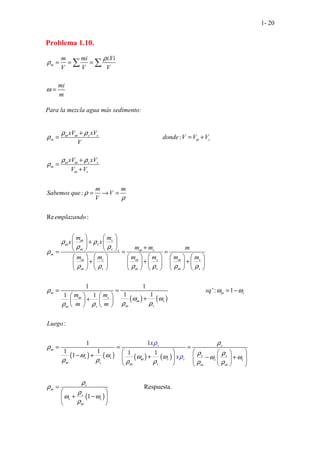 1- 20
Problema 1.10.
Para la mezcla agua más sedimento:
....................................... :
:
Re :
.
s s
m s
s s
m
s
s
s
s s s
m
s s
s s
xV xV
donde V V V
V
xV xV
V V
m m
Sabemos que V
V
emplazando
m m
x x
m m
m m m m
ω ω
ω
ω ω
ω
ω
ω
ω ω
ω ω
ω ω
ρ ρ
ρ
ρ ρ
ρ
ρ
ρ
ρ ρ
ρ ρ
ρ
ρ ρ ρ ρ
+
= = +
+
=
+
= → =
   
+
   
+
   
= = =
       
+ +
       
       
( ) ( )
( ) ( ) ( ) ( )
( )
1 1
': 1
1 1
1 1
:
..................
1
1
1 1 1 1
1
1
.....
...
s
s
m s
s
s
s
s
s
m
s s
s s s s s
s s
s
s
s
s s
s
m
m
m m
sq
m m
m m
Luego
x
x
ω
ω
ω
ω
ω
ω
ω
ω
ω ω ω ω
ω
ρ ρ
ρ ω ω
ω ω
ρ ρ
ρ ρ
ρ
ρ
ρ ρ
ω ω ω ω ω ω
ρ ρ ρ ρ ρ ρ
ρ
ρ
ρ
ω ω
ρ
ρ
ρ
   
+
   
   
= = = −
    +
+
   
   
= = =
   
 
− + + − +
   
 
   
 
=
 
+ −
 
 
............... Respue
.... sta.
.
m
m mi iVi
V V V
mi
m
ρ
ρ
ω
= = =
=
∑ ∑
 