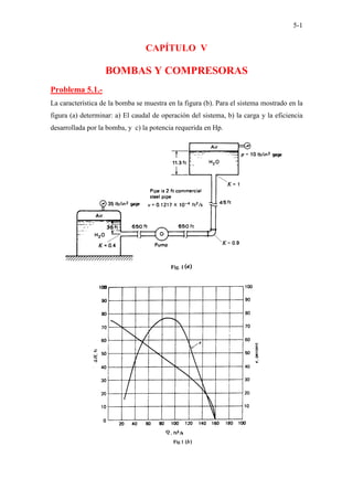 5-1
CAPÍTULO V
BOMBAS Y COMPRESORAS
Problema 5.1.-
La característica de la bomba se muestra en la figura (b). Para el sistema mostrado en la
figura (a) determinar: a) El caudal de operación del sistema, b) la carga y la eficiencia
desarrollada por la bomba, y c) la potencia requerida en Hp.
 