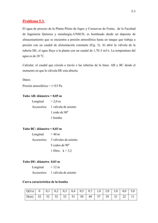 5-3
Problema 5.3.
El agua de proceso de la Planta Piloto de Jugos y Conservas de Frutas, de la Facultad
de Ingeniería Química y metalurgia,-UNSCH, es bombeado desde un deposito de
almacenamiento que se encuentra a presión atmosférica hasta un tanque que trabaja a
presión con un caudal de alimentación constante (Fig. 3). Al abrir la válvula de la
tubería DE, el agua fluye a la planta con un caudal de 1,7E-3 m3/s. La temperatura del
agua es de 20 o
C.
Calcular: el caudal que circula a través e las tuberías de la línea: AB y BC desde el
momento en que la válvula DE esta abierta:
Datos:
Presión atmosférica = 1+E5 Pa
Tubo AB: diámetro = 0,05 m
Longitud = 2,0 m
Accesorios: 1 válvula de asiento
1 codo de 90o
1 bomba
Tubo BC: diámetro = 0,03 m
Longitud = 40 m
Accesorios: 3 válvulas de asiento
5 codos de 90o
1 filtro, k = 3,2
Tubo DE: diámetro 0,03 m
Longitud = 12 m
Accesorios: 1 válvula de asiento
Curva característica de la bomba
Q(l/s) 0 0,1 0,2 0,3 0,4 0,5 0,7 1,0 2,0 3,0 4,0 5,0
H(m) 52 52 52 52 51 50 49 57 39 31 22 11
 