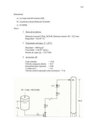 5-6
Determinar:
a) La carga total del sistema (∆H)
b) La potencia desarrollada por la bomba
c) El NPSH
Datos:
1. Datos de la tubería:
Diámetro nominal 2 Pulg. SCH 40, Diámetro interno: Di = 52,5 mm.
Rugosidad = 4,6x10-5
m.
2. Propiedades del agua: T = 20 o
C.
Densidad = 1000 kg/m3
Viscosidad = 1,0x10-3
kg/m s
Presión de vapor, pv = 2,337 kPa
3. Accesorios: Ki
Codo estándar = 0,35
Válvula compuerta abierta = 0,17
Ensanchamiento repentino = 0,96
T usada con L = 1,0
Válvula control expresado como resistencia = 5 m
 