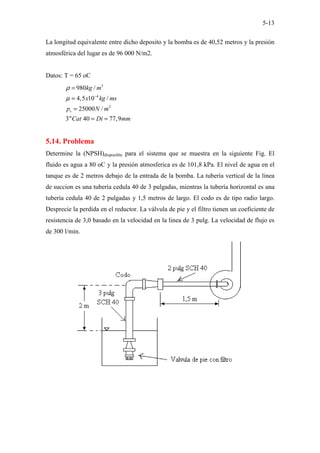 5-13
La longitud equivalente entre dicho deposito y la bomba es de 40,52 metros y la presión
atmosférica del lugar es de 96 000 N/m2.
Datos: T = 65 oC
3
4
2
980 /
4,5 10 /
25000 /
3" 40 77,9
v
kg m
x kg ms
p N m
Cat Di mm
ρ
µ −
=
=
=
= =
5.14. Problema
Determine la (NPSH)disponible para el sistema que se muestra en la siguiente Fig. El
fluido es agua a 80 oC y la presión atmosferica es de 101,8 kPa. El nivel de agua en el
tanque es de 2 metros debajo de la entrada de la bomba. La tubería vertical de la linea
de succion es una tubería cedula 40 de 3 pulgadas, mientras la tubería horizontal es una
tubería cedula 40 de 2 pulgadas y 1,5 metros de largo. El codo es de tipo radio largo.
Desprecie la perdida en el reductor. La válvula de pie y el filtro tienen un coeficiente de
resistencia de 3,0 basado en la velocidad en la linea de 3 pulg. La velocidad de flujo es
de 300 l/min.
 