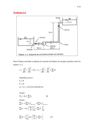 5-18
Problema 5.2
Para la figura mostrada se plantea la ecuación de balance de energía mecánica entre los
puntos 1 y 2
1
1
p
z
g
ρ
+
2
1
2
V
g
+ 2
2
B
p
H z
g
ρ
+ = +
2
2
2
V
g
+
1
2
1 2
:
0
0
:
(1)
B f
hf
Simplificaciones
V
V
p p presion atmosferica
Luego
H z h
+
≅
≅
= =
= ∆ +
∑
∑
( ) ( )
2 2
2
:
4
2 2
4 (2)
2
f f f
tubo recto accesorios
f F
F
Donde
h h h
V V
L
h f K
D g g
V L
hf f K
g D
= +
Σ
 
= +
 
 
 Σ 
 
= +
 
 
 
 
∑ ∑ ∑
∑ ∑
∑ ∑
 