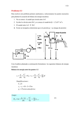 5-21
Problema 5.3
Para resolver este problema primero analizamos y seleccionamos los puntos necesarios
para plantear la ecuación de balance de energía mecánica:
1. No se conoce el caudal que circula entre A-C
2. Se abre la válvula entre D-C y se conoce el caudal de Q = 1,7x10-3
m3
/s
3. El caudal entre A-C ≠ D-C
4. Existe un incógnita a determinar que es la presión p2 = p3 (tanque de presión)
Con el análisis planteado a continuación formulamos los siguientes balances de energía
mecánica:
Balance de energía entre los puntos 1-2
2 2
1 1 2 2
1 2
2 2
B
p V p V
z H z hf
g g g g
ρ ρ
+ + + = + + + ∑
1
2 1
1
:
0
18 3 15
Simplificaciones
V
z z m
p Presion atmosferica
≅
− = − =
=
2
2 1 2
,1 2
:
2
B f
Luego
p p V
H z h
g g
ρ −
−
= ∆ + + + ∑
(1)
 