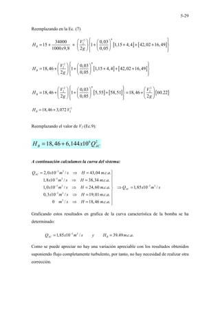5-29
Reemplazando en la Ec. (7)
[ ] [ ]
[ ] [ ]
[ ] [ ]
4
2
2
4
2
2
4
2
2
34000 0,03
15 1 1,15 4,4 42,02 16,49
1000 9,8 2 0,05
0,03
18,46 1 1,15 4,4 42,02 16,49
2 0,05
0,03
18,46 1 5,55 58,51
2 0,05
B
B
B
V
H
x g
V
H
g
V
H
g
 
   
 
= + + + + + +
 
   
 
  
 
 
   
 
= + + + + +
 
   
 
  
 
 
   
 
= + + +
 
   
 
 

{ }
2
2
18,46 60.22
2
V
g
 
= +  
 


2
2
18,46 3,072
B
H V
= +
Reemplazando el valor de V2 (Ec.9):
6 2
18,46 6,144 10
B AC
H x Q
= +
A continuación calculamos la curva del sistema:
3 3
3 3
3 3 3 3
3 3
3
2,0 10 / 43,04 . . .
1,8 10 / 38,34 . . .
1,0 10 / 24,60 . . . 1,85 10 /
0,3 10 / 19,01 . . .
0 / 18,46 . . .
AC
AC
Q x m s H m c a
x m s H m c a
x m s H m c a Q x m s
x m s H m c a
m s H m c a
−
−
− −
−

= ⇒ =

⇒ = 

⇒ = ⇒ =


⇒ = 

⇒ = 
Graficando estos resultados en grafica de la curva característica de la bomba se ha
determinado:
3 3
1,85 10 / 39.49 . . .
AC B
Q x m s y H m c a
−
= =
Como se puede apreciar no hay una variación apreciable con los resultados obtenidos
suponiendo flujo completamente turbulento, por tanto, no hay necesidad de realizar otra
corrección.
 