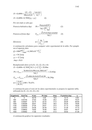 5-42
( )
( )
2 1
2 1
101325
0,6096
996,6 9,81 14,7
0,6096 0,7 ................
050 (1)
..
P P
H x
x
H p p
−  
= +  
 
= + −
Por otro lado se sabe que:
Potencia hidráulica (hp):
( )
( )
................... (2)
745,
.
7
..
Hxgx xQ W
Ph
W
hp
ρ
=
Potencia al freno (hp):
3 cos
(3)
745,7
.......
freno
xVolxAmpx x
P
φ η
=
Eficiencia: .....................
100 (4)
.......
freno
Ph
x
P
η
 
=  
 
 
A continuación calculamos para cualquier valor experimental de la tabla. Por ejemplo
sea el siguiente dato:
3
2
2
1
1000 6,3083 10
min
34,3
5,7
36,0
gal m
Q x
s
p psig
p psig
Amp
−
= =
=
= −
=
Reemplazando datos en la Ec. (1), (2), (3) y (4):
( )
2
0,6096 0,7050 34,3 5,7 28,80
28,80 9,81 996,6 6,3083 10
23,82
745,7
3 460 36,0 0,875 0,90
30,29
745 7
23,82
100 78,63%
30,29
teórica
freno práctica
H m
x x x x
Ph P hp
x x x x
P P hp
x
x
η
−
= + − − =
 
 
= = =
= = =
 
= =
 
 
A continuación para el resto de los datos experimentales se prepara la siguiente tabla,
utilizando las Ec. (1), (2), (3) y (4):
Q [gal/min] Q [m
3
/s] H (m) Ph (hp) Amp P práctica (hp) η
0 0 40.79 0.00 18.0 15.15 0.00
500 0.03154 37.62 15.56 26.2 22.04 70.57
800 0.05047 33.74 22.33 31.0 26.08 85.60
1000 0.06308 28.81 23.83 36.0 30.29 78.66
1100 0.06939 27.05 24.61 37.0 31.13 79.04
1200 0.07570 24.58 24.39 37.3 31.38 77.73
1400 0.08832 16.82 19.48 39.0 32.81 59.37
1500 0.09462 11.68 14.49 41.5 34.92 41.49
A continuación graficar los siguientes resultados:
 