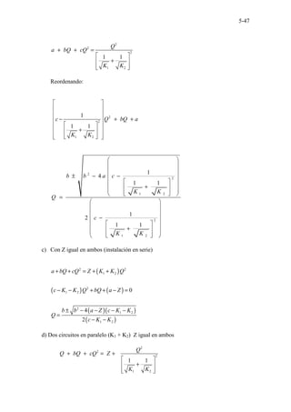5-47
2
2
2
1 2
1 1
Q
a bQ cQ
K K
+ + =
 
+
 
 
 
Reordenando:
2
2
1 2
1
1 1
c Q bQ a
K K
 
 
 
− + +
 
 
 
+
 
 
 
 
 
 
2
2
1 2
2
1 2
1
4
1 1
1
2
1 1
b b a c
K K
Q
c
K K
 
 
 
± − −
 
 
 
+
 
 
 
 
 
 
=
 
 
 
−
 
 
 
+
 
 
 
 
 
 
c) Con Z igual en ambos (instalación en serie)
( )
( ) ( )
( )( )
( )
2 2
1 2
2
1 2
2
1 2
1 2
0
4
2
a bQ cQ Z K K Q
c K K Q bQ a Z
b b a Z c K K
Q
c K K
+ + = + +
− − + + − =
± − − − −
=
− −
d) Dos circuitos en paralelo (K1 + K2) Z igual en ambos
2
2
2
1 2
1 1
Q
Q bQ cQ Z
K K
+ + = +
 
+
 
 
 
 