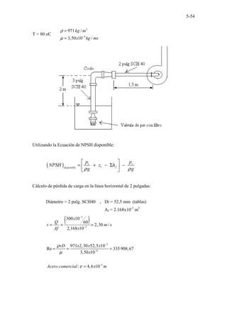 5-54
T = 80 oC
3
4
971 /
3,50 10 /
kg m
x kg ms
ρ
µ −
=
=
Utilizando la Ecuación de NPSH disponible:
( ) 1
1
v
f
disponible
p
p
NPSH z h
g g
ρ ρ
 
= + − Σ −
 
 
Cálculo de pérdida de carga en la línea horizontal de 2 pulgadas:
Diámetro = 2 pulg. SCH40 , Di = 52,5 mm (tablas)
Af = 2.168x10-3
m2
( )
3
3
300 10
60
2,30 /
2,168 10
x
Q
v m s
Af x
−
−
= = =
3
4
5
971 2,30 52,5 10
Re 335 908,67
3,50 10
: 4,6 10
vD x x x
x
Acero comercial x m
ρ
µ
ε
−
−
−
= = =
=
 